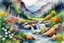 Placeholder: watercolor painting mountain view with waterfall and mountain flowers nearby by MICHAL JASIEWICZ