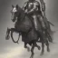 Placeholder: Medieval cavalry. Warriors. Leather armor. Black. Sharp details. Roar. Fast galloping.