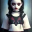 Placeholder: Jenna ortega as wednesday with wednesday addams dress,soft goth libstick, overknee socks, painted by artgerm and tom bagshaw, fantasy art, dramatic lighting, highly detailed oil painting, volumetric lighting