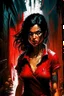 Placeholder: woman in a red shirt standing in a dark alley, by Aleksi Briclot, digital art, girl with black hair, bloody river in hell, as a fortnite character, woman very tired, ready to fight, no yellow color in eyes, torrential rain of blood, stylised comic art, uncharted, bbc promotional artwork