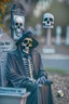 Placeholder: photo of a hoodless grim reaper wearing a suit, highlighting shiny areas of the skull, sitting outside a cemetery with a welcome sign, wearing suit, rim lighting, studio lighting, looking at the camera, dslr, ultra quality, sharp focus, tack sharp, dof, film grain, Fujifilm XT3, crystal clear, 8K UHD