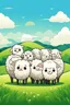 Placeholder: create an image with 4 cute sheep with the typography, happy face "sheep of faith", 2d, cartoon style, chibbi, kawai, a green field and blue sky in the background