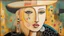 Placeholder: abstract paint from Lady in big hat , vibrant colors, folk art, non-figurative mode, style combined abstract art with dadaism, patchs, black lines, surrealism style