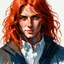 Placeholder: dnd, fantasy, watercolour, stylistic, portrait, illustration, dull colours, male, face, narrow face, weathered face, green eyes, determined, happy, red hair, very long hair streaming down the shoulders, radiating light, five o'clock shadow