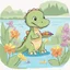 Placeholder: cute dinosaur colored with basic colors, full body, defined lines, no shadows, white background, clear and well, without shadows, this dinosaur is eating flowers in the border of lake