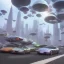 Placeholder: futurist traffic jam in New york 3D blender full lenght with big flying mushrooms in the sky and tall towers