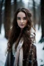 Placeholder: Portrait of a young woman, long brown hair, brown eyes, wearing a gown made of snow and ice, background winter forest