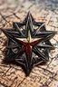 Placeholder: abstract symbol of an ancient Catalan female vampire coven , in the form of highly detailed 12 pointed star lapel pin, in the graphic novel style of Bill Sienkiewicz