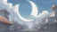 Placeholder: giant half transparent moon, glitchy, blurry, mechanical, sci-fi, maximum quality, centered on frame, far view, seasidel, white sky with cumulonimbus, anime, makoto shinkai style, japanese harbor, rusty, decrepit, foggy