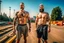 Placeholder: full figure shot photography of two ugly burly beefy hairy polish workers 29 years old, shirtless , tattoo ,short hair, short beard , bulge, short pants, working on a construction site in the middle of a road under the sun, look at the camera, hyper-realistic, photographic, 8K