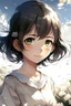 Placeholder: Cute anime girl, brown eyes, short black hair, spring totally white dress with flowers. Windy day