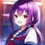 Placeholder: girl, masterpiece, best quality, volumetric lighting, detailed outfit, perfect eyes, long hair, purple hair, red eyes, twin low ponytail, school outfit, laughing,