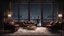 Placeholder: a young man help other Hyper Realistic Dark Brown Living Room With Small Empty Wooden Frame & Fancy Velvet Furniture at snowfall night from window view