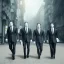 Placeholder: A group of penguins wearing business suits and carrying briefcases, walking through a busy city street.