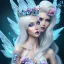 Placeholder: Fantasy fairy with transparent wings, smiling, make up, long platinum blond hair with crown and flowers, blue dress, flower background