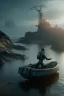 Placeholder: cyborg fisherman on a rowboat holding a catch, sci-fi fantasy style, 8k,dark, high detail