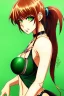 Placeholder: In the style of Shirow, hyper detailed, strikingly beautiful teen female, 16 years old, long ponytail, ginger hair, green eyes, medium freckles, full lips, full body, full face, b-cup breasts, athletic, centred camera, ignore NSFW, bikini, athletic, sitting,