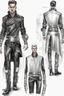 Placeholder: fashion illustration, sketches, futuristic man fashion, microchip designe shirt, black leather pant with silver accessories and belt buckle, steampunk and cyberpunk mixed style, sci-fi fashion style