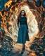 Placeholder: make a picture pretty cave made of crystal and metallic 3d fractal recursive cubic and sphere base structures and a beautiful fashion model lady with cute,with dark cyan decholte top and pretty pleated midi skirt,siver,curvy long hair,makeup, she walks in cave ,dynamic camera fallow her inside cave capturing full body, dynamic lights.