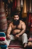 Placeholder: close up photography of a burly chubby muscular strong 24-year-old marocan man in Istanbul bazaar, shirtless, long beard, selling carpets sitting on a pile of carpets, big shoulders, manly chest, very hairy, side light, view from the ground