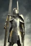 Placeholder: A handsome 30 year old knight, black hair, male bob haircut, in black-and-gold plate armor, golden katana in both hands, no beard, european