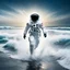 Placeholder: Return from the Cosmos is a striking image of an astronaut emerging from the ocean waves, symbolising the link between space exploration and our blue planet. Dressed in his white spacesuit, the astronaut strides resolutely towards the beach, the water splashing around him in a dynamic and realistic scene. The contrast between the infinity of space and the immensity of the ocean evokes both adventure and reflection on our place in the universe. This captivating scene, bathed in natural light, hig