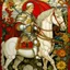 Placeholder: Saint George and the dragon by artist Paris Bordon . Saint George head is an allegory of sun god Apollo and does not have a beard. Saint George is holding a long and thin sword in his right hand, the horse is white