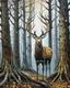 Placeholder: deer with antlers standing looking at viewer, patronus, among tall tree trunks