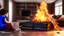 Placeholder: kids play Playstation 4 in a House on fire