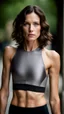 Placeholder: photography of a beautiful anorexic woman, grey satin triathlon top, brunette wavy bob haircut, pronounced sternum, flat chest, grey satin cycling leggins