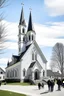 Placeholder: neocleassical church with steeple with people walking out of it