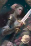 Placeholder: Without a moment's hesitation, Agatha, wielding her sword adorned with carved flowers, seized the opportunity. With a swift and precise movement, she struck beneath the tyrant's shoulder, piercing through his defenses and driving him to his knees.