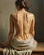 Placeholder: masterpiece classical academic oil painting, figurative study of a seated female figure viewed from behind, focus on anatomy, posture, and painterly texture, subject seated on a surface with a natural relaxed pose, torso slightly leaning forward the figure is partially draped in simple light fabric around the lower body and upper torso, arranged modestly, emphasizing form through light and shadow rather than exposure detailed back anatomy: visible shoulder blades, natural spine curvature, soft m