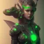 Placeholder: A beautiful portrait cute cyberpunk woman, a short wolf haircut lime green color scheme, high key lighting, volumetric light high details with a lizard like alien with feathers and claws, 3/4 torso chestplate. Pyramid tattoo on her forehead