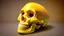 Placeholder: a picture of a dark, comedic, anatomically correct skull of a smiley face, photo realistic, highly detailed, yellow, old, part of a collection of bones on display on a scientists shelving