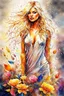 Placeholder: Gorgeous wet look watercolour, a beautiful sensual blond blonde woman, beautiful late summer flowers, colourful, enchanting, wet on wet, silver and gold drops, sparkling lights, winning, intricate, beautiful, gorgeous by Yossi Kotler,