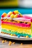 Placeholder: piece of cake, colorful with sweet topping, delicious and soft texture