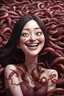 Placeholder: Woman smiling meanwhile many worms streaming from his eyes, siting pose, fullbody, Junji Ito style, darkred tones, high detailed, 4k resolution, digital paiting, 3d pixar disney the cinematic FKAA, TXAA, and RTX graphics technology employed for stunning detail.