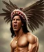 Placeholder: native american warrior, long black hair, big muscles, face up, mouth wide open, scream face, shirtless, looking to the sky