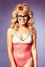 Placeholder: full color image, 1980's yearbook photo, girl, Dolly Parton, 18-year-old, a sly, clever smile on her face, 1980's style two-piece swimsuit, 4k UHD, photorealistic, big cat-eye eyeglasses, full body, head to toe,