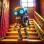 Placeholder: joyfull awesome cute guerilla punk hipster robot on a mission through the seasons, stairs and ladders, motion blur, 8k, downlight, soft light, depth of field, photorealism, trending on art station, lotsa detail