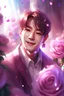 Placeholder: Jungkook, singer, light, fantasy, with pink roses flowers, purple, smiling