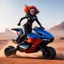 Placeholder: una mujer pelirroja, con un mono con cremallera, guantes, botas altas, capa y antifaz, dos pistoleras: she drives the 'Jumping JACK' NG-R33 Viper Ride Turbo Hovercycle with no wheels on the outskirts of Palladium's RIFTS Earth.