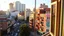 Placeholder: Urban apartment with open windows facing a bustling street, birds singing amidst the city sounds, graffiti art visible on nearby buildings, golden hour light.