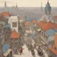Placeholder: [poster by W. Heath Robinson] the vibrant streets of a city with a long history seen from above: old shops and buildings to skyscrapers