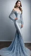 Placeholder: 1mannequin, pageant dress, dress inspired by milk fish, milk fish, bangus, beautiful, mermaid gown, long sleeve, silvery-blue with shimmering white, elegant, sequins, luxurious, full body frame, silver beads, fantasy, made of crystal, magical, fish scale design, shimmering, glittery, full body, hd, ultra realistic, dress displayed in the mannequin, white background, aesthetic, pastel color, flowing, sexy, corset style