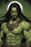 Placeholder: Portrait of an Olive skinned muscular evil male with long dark hair, scarred face and a goatee beard, scowling