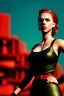 Placeholder: retro portrait image from 1960, sky background, wind, long red hair, fighting stance, sweet young Scarlett Johansson, black dress, classic tight lycra black suit, weapon, gold bracelet and belt, high heel boots, soft color, highly detailed, unreal engine 5, ray tracing, RTX, lumen lighting, ultra detail, volumetric lighting, 3d, finely drawn, high definition, high resolution.