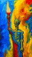 Placeholder: a tough oil brush blue and yellow abstract on rough canvas make a surreal figure of a tall and thin sculpture holding the torch of Liberty with red flame