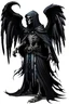 Placeholder: older skeleton dressing a long black and old tunique, hood, long sleeves, big black bird wings, black armor